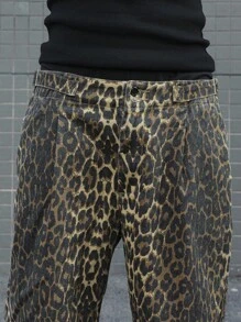Manfinity EMRG Plus Size Men Leopard Print Waistband Adjustable Loose Wide Leg Denim Shorts Men Cheetah Shorts - Bronze - View 5