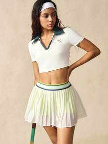 VARSIVA Gym Top Women's Letter Print Contrast Color Collar Short Sleeve Sports Polo Shirt - Multicolor - View 7