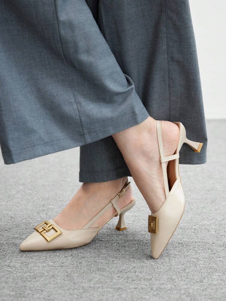 CUCCOO BIZCHIC Women's Pointed Toe Metal Buckle Kitten Heels Mule Shoes, Fashion Commuting Versatile Slingback Daily Outing Work High Heels For Christmas Spring Shoes
