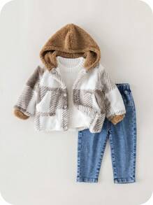 SHEIN Babyjongen Buffalo Plaid-patroon Teddyjas met capuchon zonder trui, voor Kerstmis