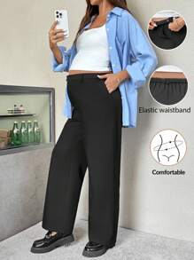 SHEIN Calça casual solta de perna larga com bolso ajustável na cintura, cor sólida, para gestantes - Preto - Visão 8