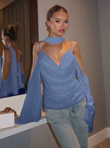 Glamine Áo hai dây voan trơn màu thanh lịch 2025 không tay cho nữ mùa thu trở lại trường - Màu xanh nhạt - Xem 3