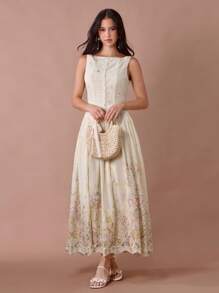 Enchnt 夏/秋浪漫女士杏色花卉印花刺绣单排扣无袖长裙 - 彩色 - 查看 5