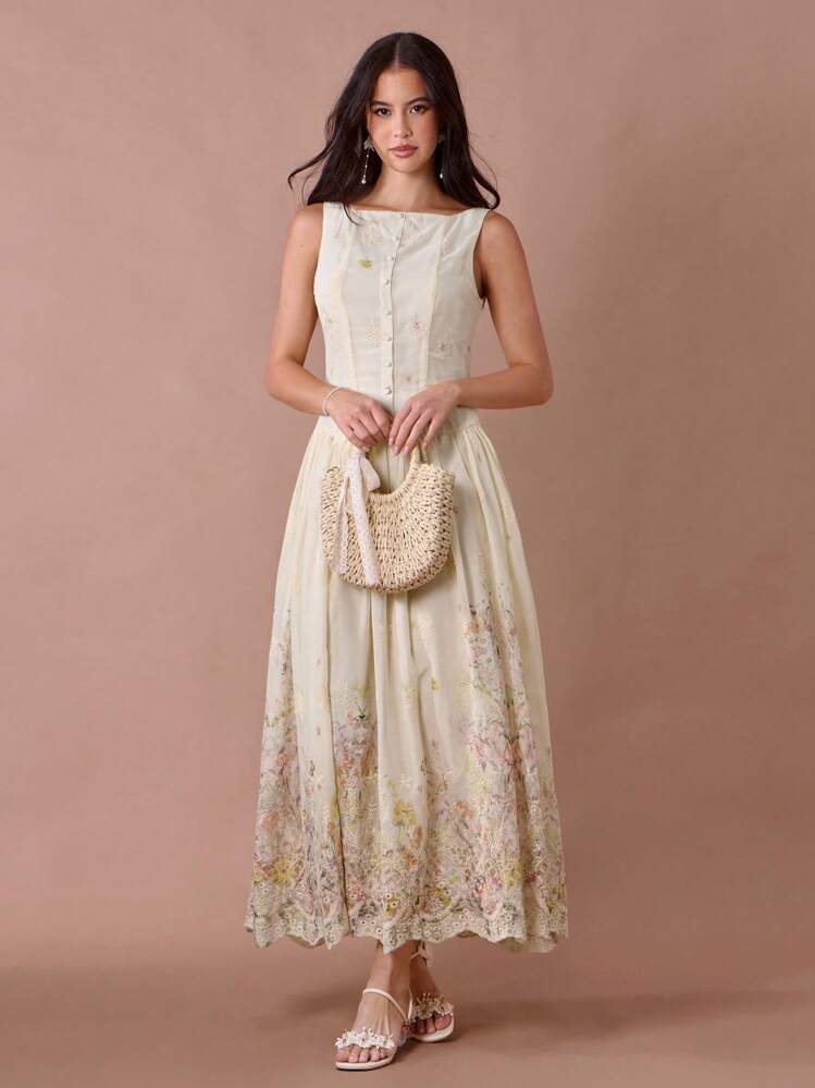 Enchnt Vestido largo sin mangas de mujer con estampado floral bordado en color albaricoque, para verano/otoño - Multicolor - Ver 5