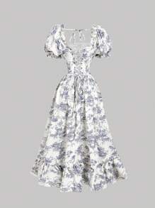 SHEIN MOD 蓝白花卉泡泡袖系腰开衩下摆中长连衣裙、度假、派对、茶会礼服、复古连衣裙、茶会礼服、外出礼服、女士舞会礼服、褶饰连衣裙 - 藍白色 - 查看 5