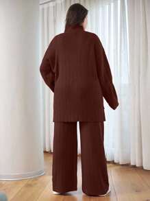 EURMUSE OLUS SIZE HIGH NECK CASUAL SWEATER CORDS - Brown - View 2