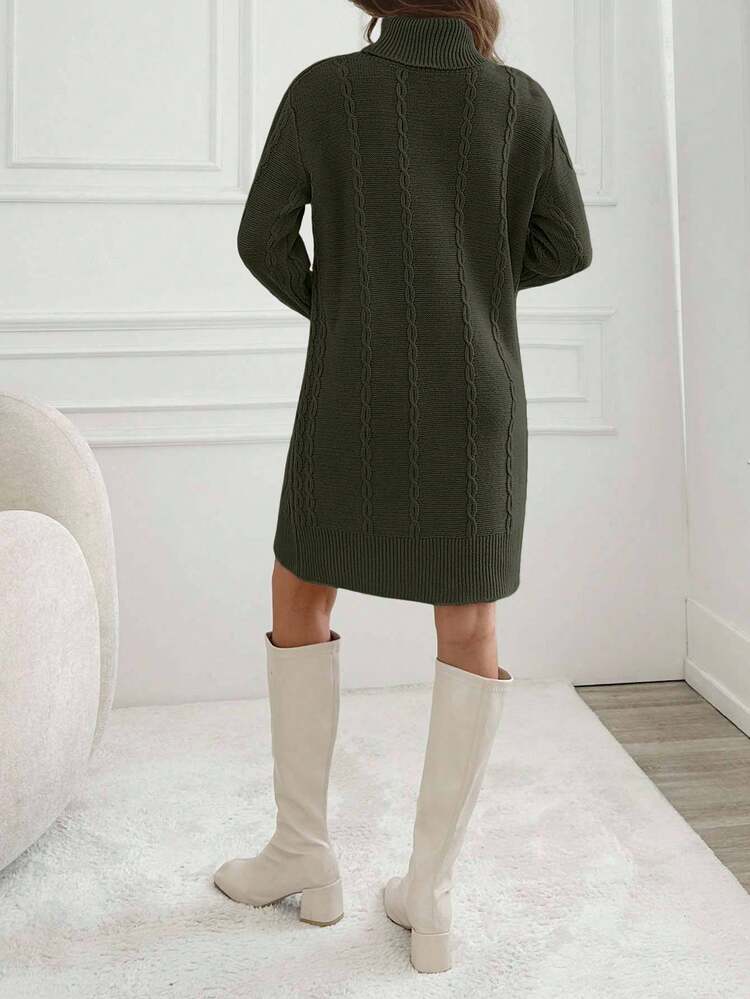 EURMUSE Knitwear Dress With Folded Neck And Cable Pattern,Winter Dresses For Women,Petite - Army Green - View 6
