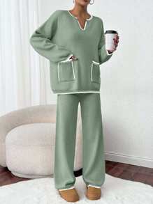2 Stücke/Set Damen V-Ausschnitt mit Besatz Oversized Langarm Pullover mit Tasche und Strickjose Freizeitoutfit, Drop-Shoulder