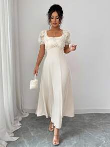 Elenzga Women's Elegant Floral Lace Textured Satin A-Line Maxi Dress, Square Neckline