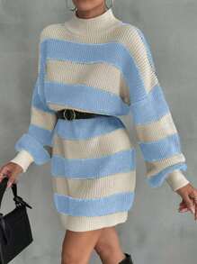 EURMUSE Women Drop Shoulder Sweater Dress With Striped Pattern,Petite - Baby Blue - View 4