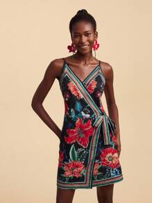 Travachic Women's Floral Print Side Tie Waist Cami Dress, Bohemia Style For Summer Vacation - Black - View 3