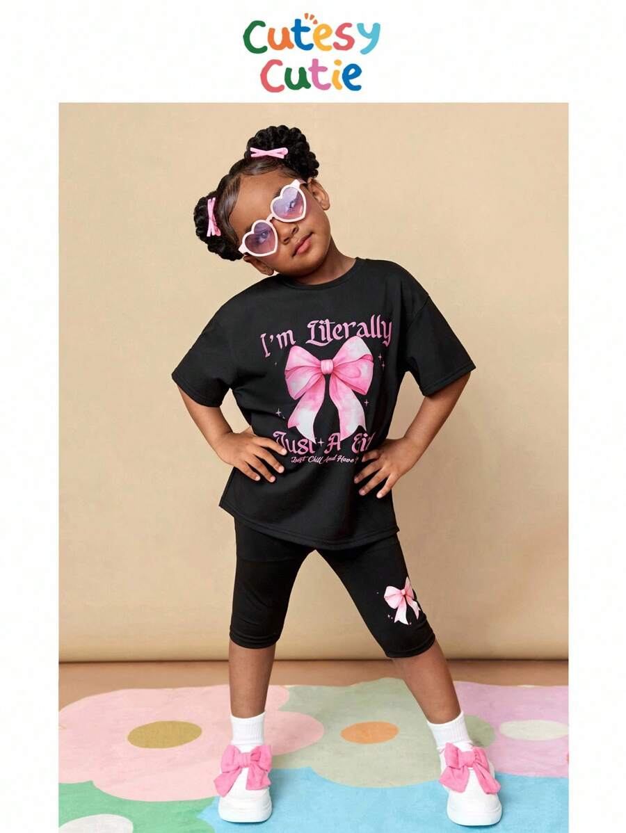 CutesyCutie 2pcs/Set Young Girl Solid Color Bow Design Loose Round Neck T-Shirt And Shorts Set Girls School Uniform,School Tops,Tops For School - Black - View 1