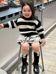 DAZY Baby GirlStriped Color Block Long Sleeve Knit Sweater, Autumn/Winter Toddler Girls Clothes - Black and White - View 1