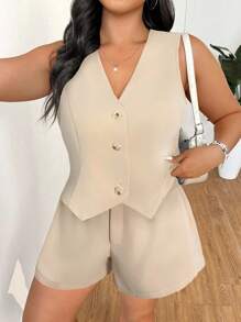 SHEIN EZwear 大码女式单排扣纯色背心和短裤休闲裤套装两件套，春夏米色两件套休闲两件套女式两件短裤套装，秋冬返校