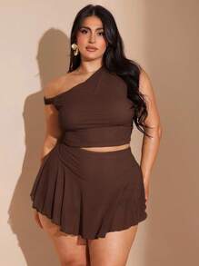 SHEIN BAE Conjunto de top fruncido de cuello asimétrico verde y falda ajustada con volantes para mujer talla grande, conjunto de 2 piezas de playa y vacaciones - Café integral - Ver 2