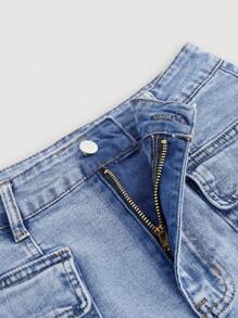 SHEIN MOD 女式夏季休闲翻领口袋紧身牛仔裙 - 中等水洗藍 - 查看 3