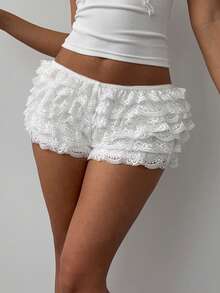 Aloruh Women's Fashion Color Contrast Lace Trim Mesh Multilayer Ruffle Edge Cake Shaped Super Short Shorts, Music Festival, Spring/Summer,For Daily,Office,Outgoing - White - View 4