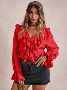 Freevana 大码女式休闲荷叶边V领长袖纯色衬衫