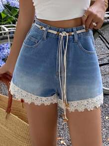Livesso Women's Lace Patchwork Pocket Wide Leg Loose Denim Shorts Jorts - Blue - View 4
