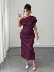 Elenzga Plus Size Women Satin Draped Neck Cold Shoulder Asymmetric Ruched Waist Slim A-Line Dress For Summer - Purple - View 1