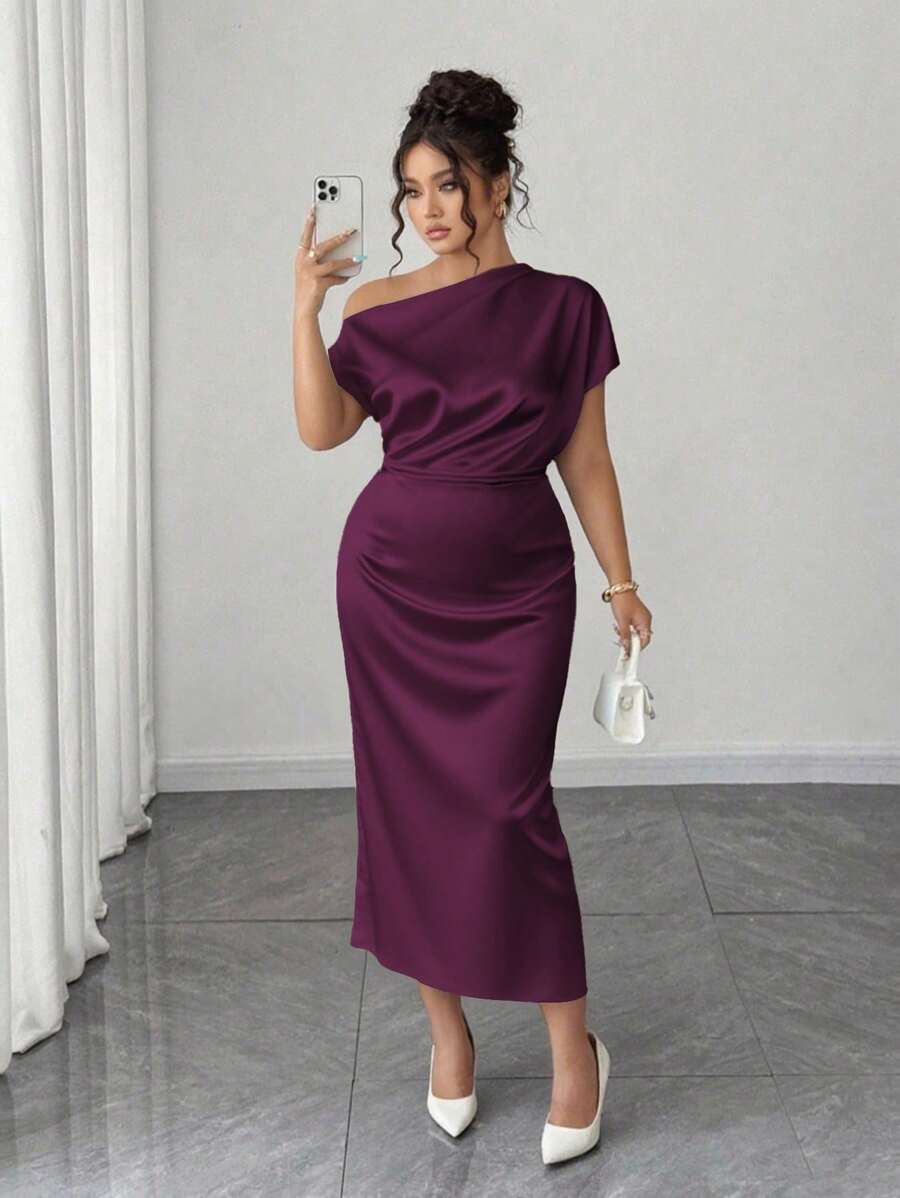 Elenzga Plus Size Women Satin Draped Neck Cold Shoulder Asymmetric Ruched Waist Slim A-Line Dress For Summer - Purple - View 1