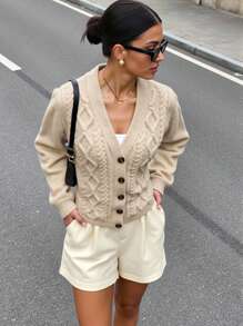 EURMUSE Women's Daily Casual Cable Knit Loose Button-Up Cardigan,Long Cardigans Woman,Petite Cardigans,Cardigans - Beige - View 6