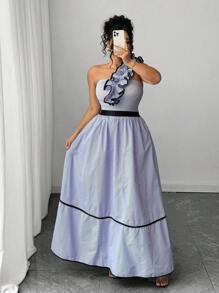 Elenzga Plus Size Women 2-Piece Set:Ruffle Trim Asymmetric Shoulder Jumpsuit & Black Splicing Skirt,Light Blue,Summer,Curve,Elegant,Cocktail Party Vacation - Multicolor - View 7