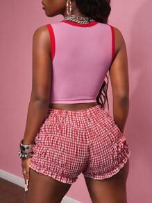 Slaydiva 2025 夏季新款街头休闲修身短款粉色和红色草莓水果图案背心+红白格子褶皱短裤女两件套，适合日常外出、节日派对、音乐节、旅行、毕业装、朋友聚会、生日派对、海滩、机场装、度假、波西米亚风、返校-A - 紅白色 - 查看 3