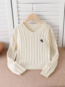 SHEIN Sparklyn Tween Girl's Knight Graphic V-Neck Long Sleeve Casual Sweater Fall Winter - Apricot - View 3