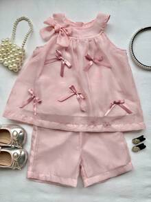 SHEIN 2pcs/Set Baby/Toddler Girls Bow Decor Sleeveless Top & Elastic Waistband Shorts Set, Comfortable & Cute For Casual & Outdoor Wear, Spring/Summer/Autumn Clothes For Baby Girls Baby Clothes For Girls Baby Girl High Quality Clothing Clothes For Baby Girl Baby Clothes For Girls Baby Girls Sets - Dusty Pink - View 6