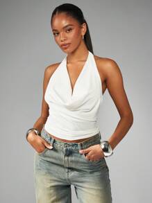 MISSGUIDED 围脖领口露背上衣短款露背背心夏季晚会俱乐部装无袖衬衫系带休闲时尚 - 杏色 - 查看 1