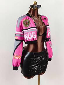 Amplova Women's Letter Printed Short Baseball  Fall Clothes Women Jacket - Multicolor - View 3