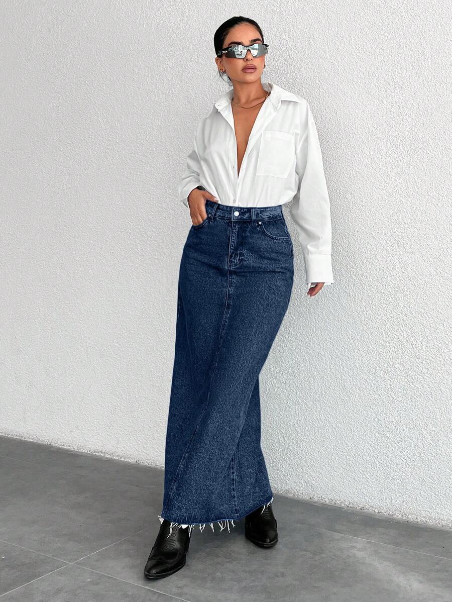 EURMUSE Women's Pockets & Frayed Hem Straight Casual Long Denim Skirt - Dark Wash - View 1
