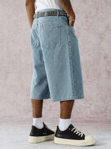 Manfinity Hypemode 男士街头时尚休闲钩针蓝色牛仔短裤 - 淺色水洗藍 - 查看 8