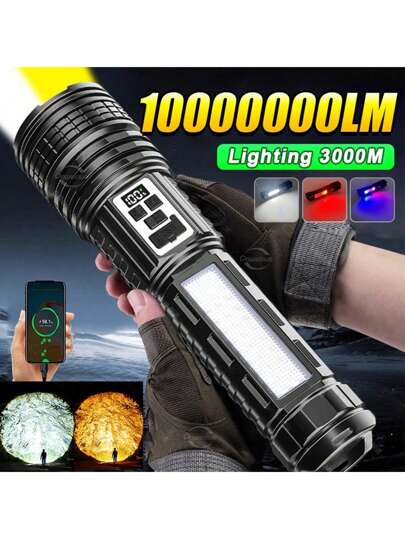 超级手电筒 USB 可充电最强 LED 闪光灯黄光远射手电筒变焦户外带数字电量显示