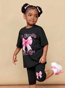 CutesyCutie 2pcs/Set Young Girl Solid Color Bow Design Loose Round Neck T-Shirt And Shorts Set Girls School Uniform,School Tops,Tops For School - Black - View 6