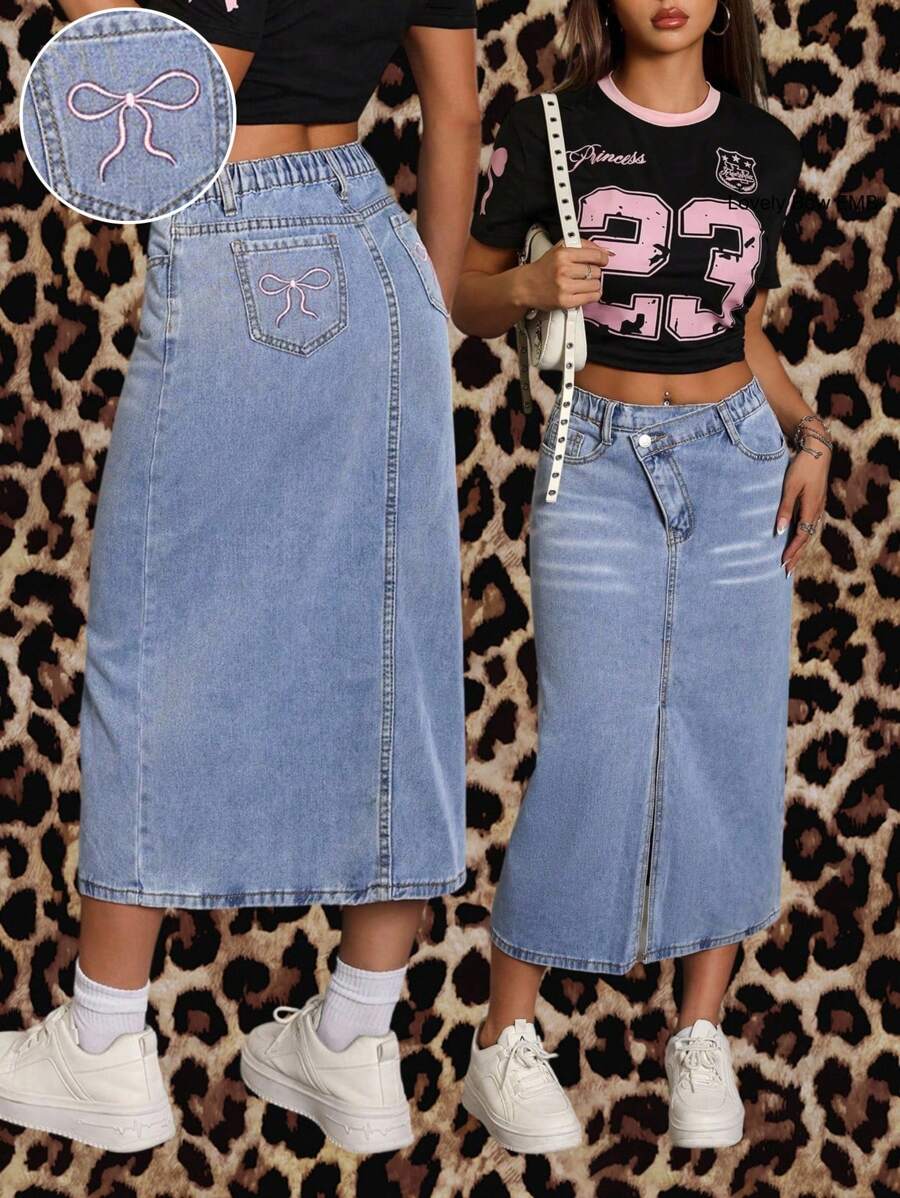 少女时尚舒适松紧腰不对称斜拉链口袋前开叉后背粉色蝴蝶结刺绣水洗浅蓝色牛仔裙 - 淺色水洗藍 - 查看 1