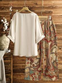 Lacomfia 女式可调节袖口圆领纯色衬衫和印花直筒裤休闲大码套装