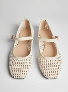 SHUZIA Giày bệt Mary Jane ballet mũi vuông dệt PU thoải mái cho nữ - Màu be - Xem 4