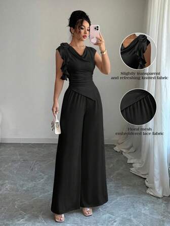 Rafferiza Elegant set med peplum- och rund halsringning och resår i midjan, asymmetrisk fåll, A-linjeformad långbyxa för kvinnor, vår/sommar