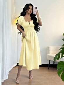 Rafferiza Đầm suông tay bồng cổ vuông thanh lịch ôm eo cho nữ - Vàng nhạt - Xem 3