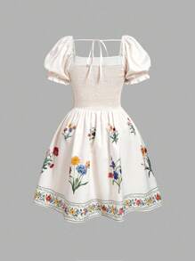 SHEIN MOD 大码女式花卉印花波西米亚风格长裙，适合度假，浪漫夏季服装，女士度假装，沙滩装，西式服装，女式印花长裙 - 杏色 - 查看 2