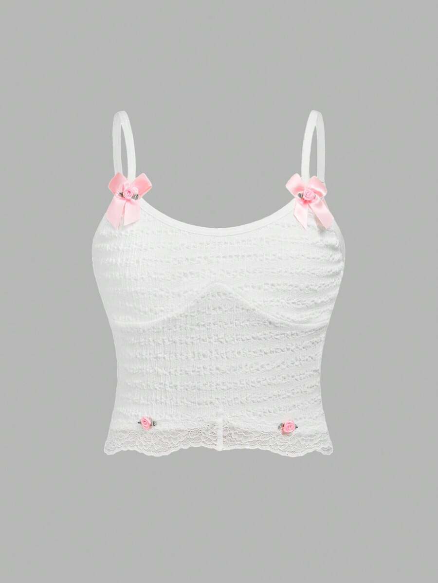 少女蝴蝶结装饰撞色吊带背心 - 白色 - 查看 1