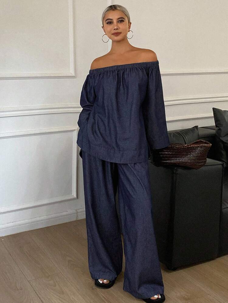 Women Casual Loose Fit Off Shoulder Top & Jeans Pants 2-Piece Set, Fall Clothes