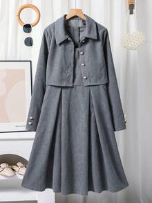 少女休闲日常前扣夹克和吊带背心连衣裙两件套