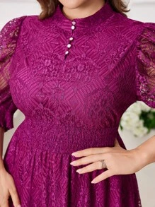 Modelyn Fashionable V-Neck Puff Sleeve Cinched Waist Flared Hem Dress, Slimming Fit, Spring/Summer - Red Violet - View 1