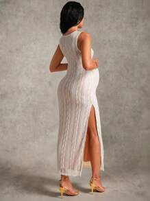 MaterniChic Maternity Lace Scoop Neck Side Split Hem Elegant Dress Baby Shower Maternity Dress Birthday Dresses For Maternity White Dress - White - View 2