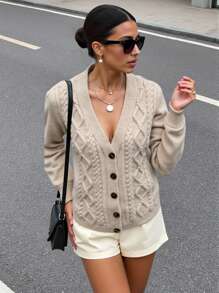 EURMUSE Women's Daily Casual Cable Knit Loose Button-Up Cardigan,Long Cardigans Woman,Petite Cardigans,Cardigans - Beige - View 3