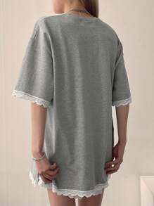 DAZY T-shirt ample pour femmes avec motif de dentelle contrastée imprimé, t-shirts graphiques, enseignante - Gris - Voir 4