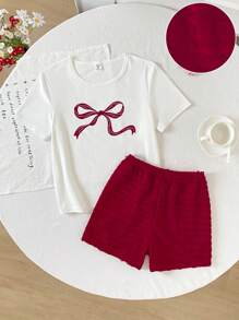 Set da due pezzi per ragazze pre-adolescenti, composto da top a maniche corte con stampa a fiocco in jacquard avorio e pantaloncini a righe in maglia, adatto per il ritorno a scuola - Multicolore - Visualizzare 9